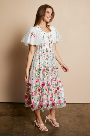 Allison Embroidered Midi in Ivory/Pink