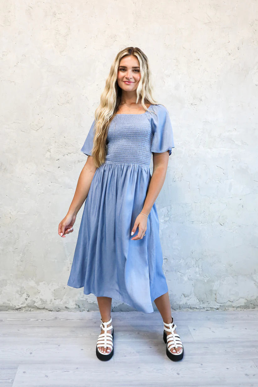 Kyra Modest Midi in Faded Denim Sheen