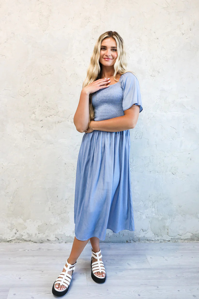 Kyra Modest Midi in Faded Denim Sheen