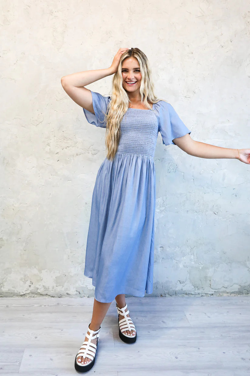 Kyra Modest Midi in Faded Denim Sheen