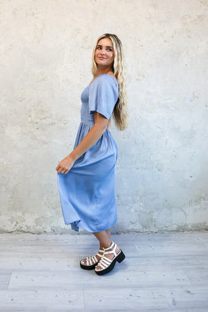 Kyra Modest Midi in Faded Denim Sheen