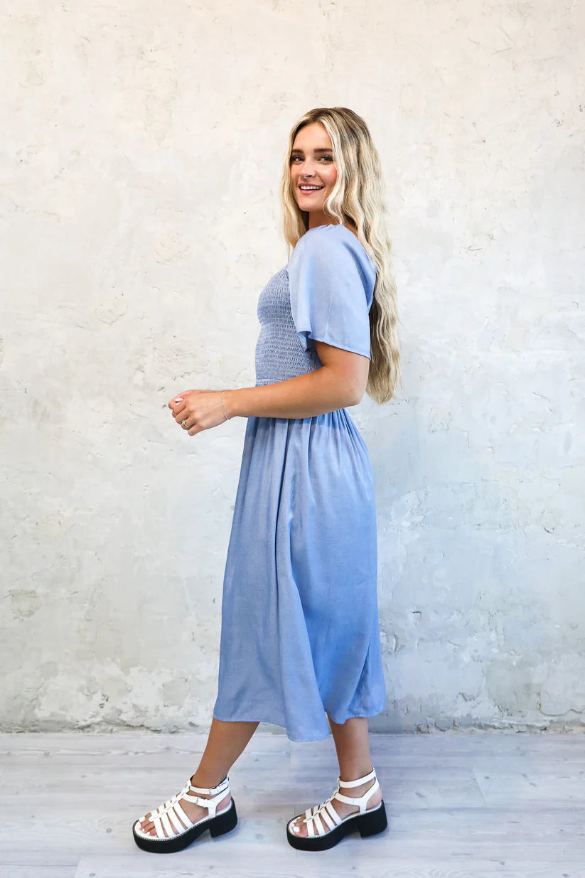 Kyra Modest Midi in Faded Denim Sheen