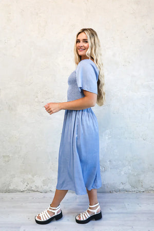 Kyra Modest Midi in Faded Denim Sheen