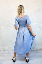 Kyra Modest Midi in Faded Denim Sheen