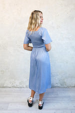 Kyra Modest Midi in Faded Denim Sheen