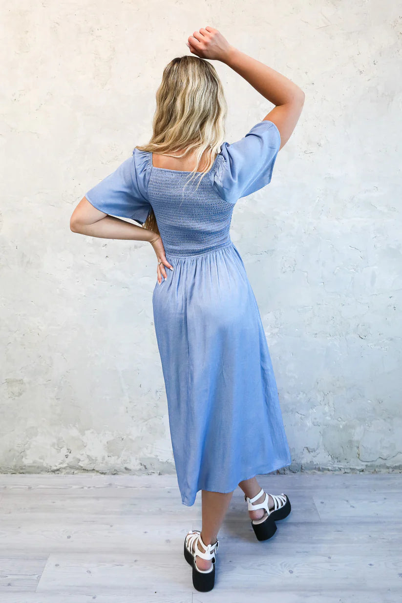 Kyra Modest Midi in Faded Denim Sheen