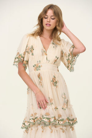 Josefina Embroidered Dress in Light Taupe