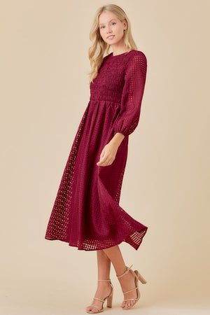 Mariah Smocked Midi in Wine