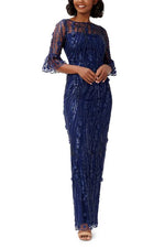 3D Floral Beaded Gown in Light Navy