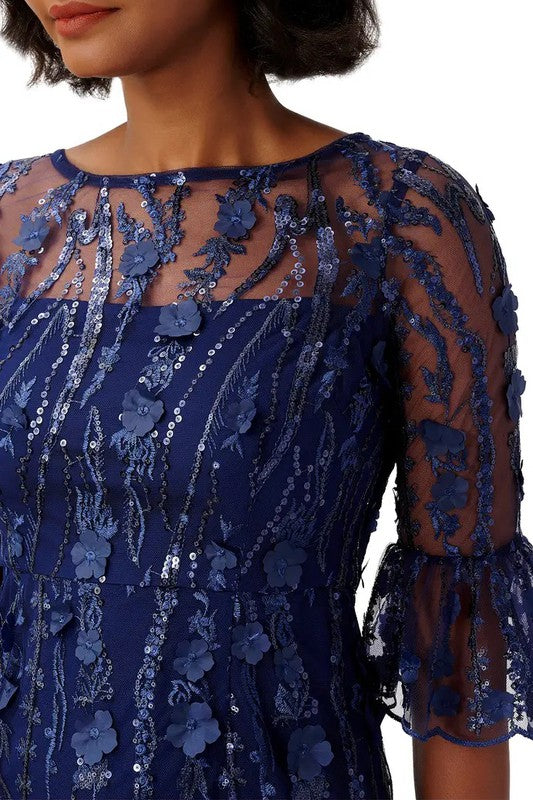 3D Floral Beaded Gown in Light Navy