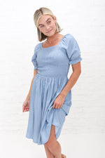 Spencer in Faded Denim Sheen Modest Dress