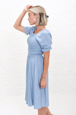 Spencer in Faded Denim Sheen Modest Dress