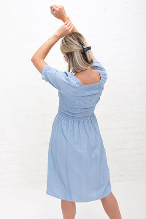 Spencer in Faded Denim Sheen Modest Dress