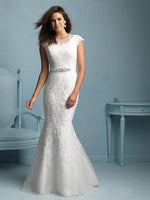 Allure M534 Modest Wedding Dress with sleeves elegant illusion neckline silver belt LDS