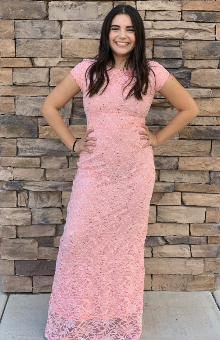 Ella Salmon modest prom dress with sleeves winter formal cheap LDS gown