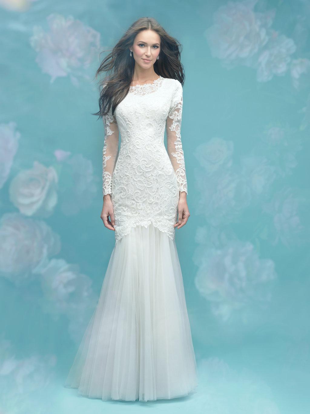 Allure M583 Modest Wedding Dress with long sleeves illusion lace fitted elegant LDS bridal gown