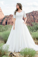 TR12025 LDS modest wedding dresses ball gown 3/4 sleeves lace and organza beautiful bridal gown for plus size front view