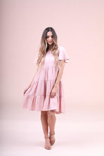 Peyton Pink Tiered modest casual dress with flutter sleeves plus size cheap