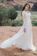 TR12021 LDS modest wedding dresses lace long illusion sleeves chiffon skirt bridal gown for plus size front view