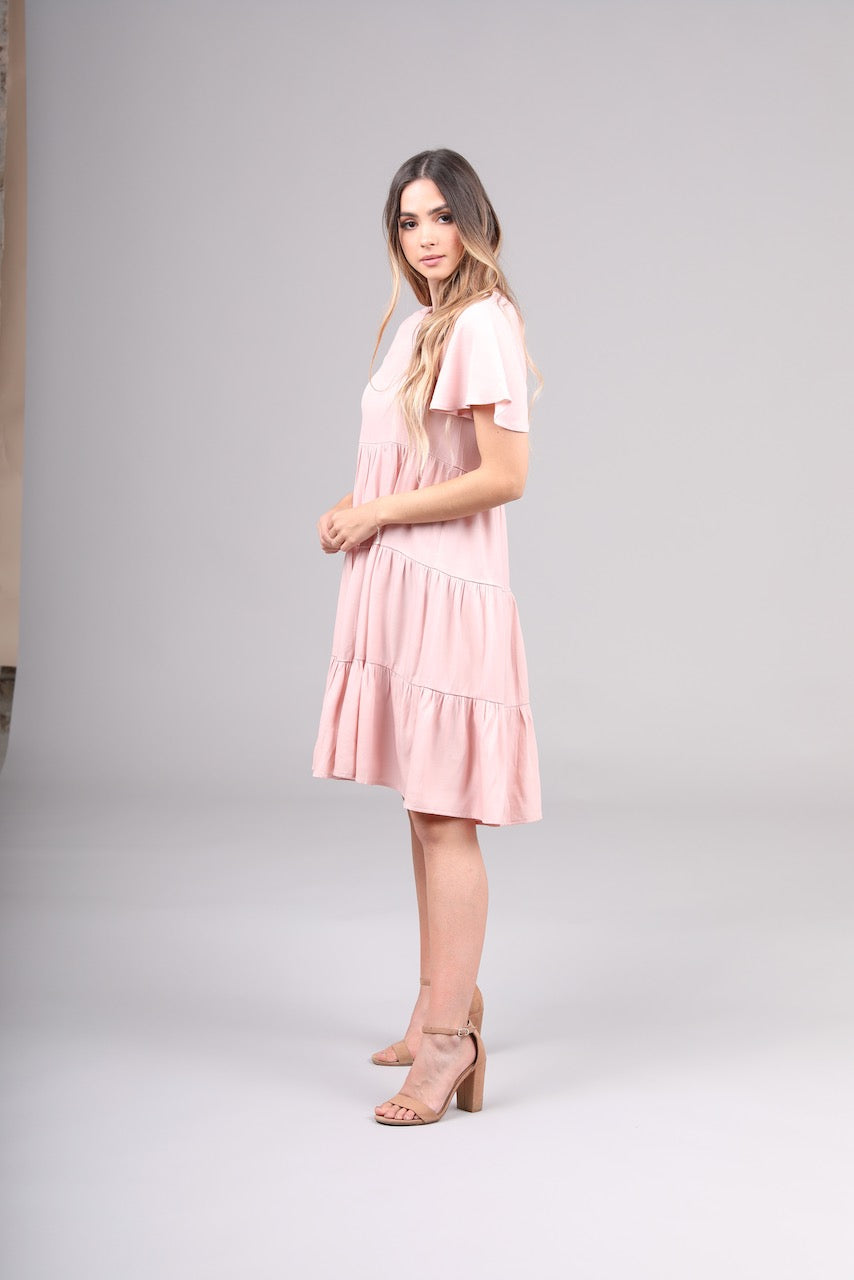 Peyton Pink Tiered modest casual dress with flutter sleeves plus size cheap side