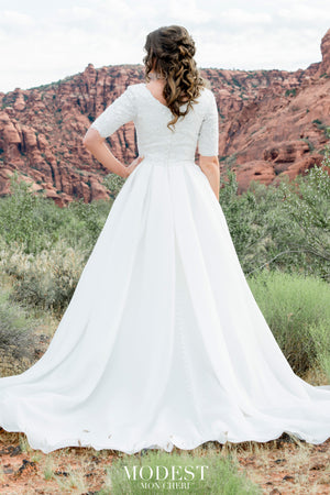 TR12025 LDS modest wedding dresses ball gown 3/4 sleeves lace and organza beautiful bridal gown for plus size back view