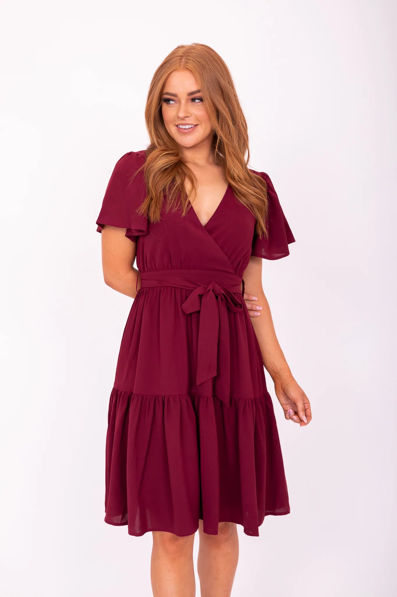 Elyse Modest Dress in Claret Red