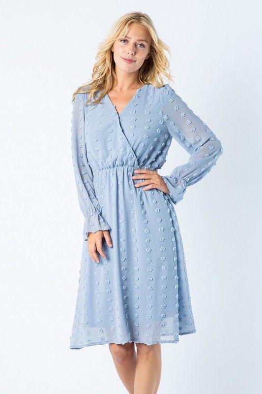 Serena Swiss Dot Dusty Blue Midi Dress